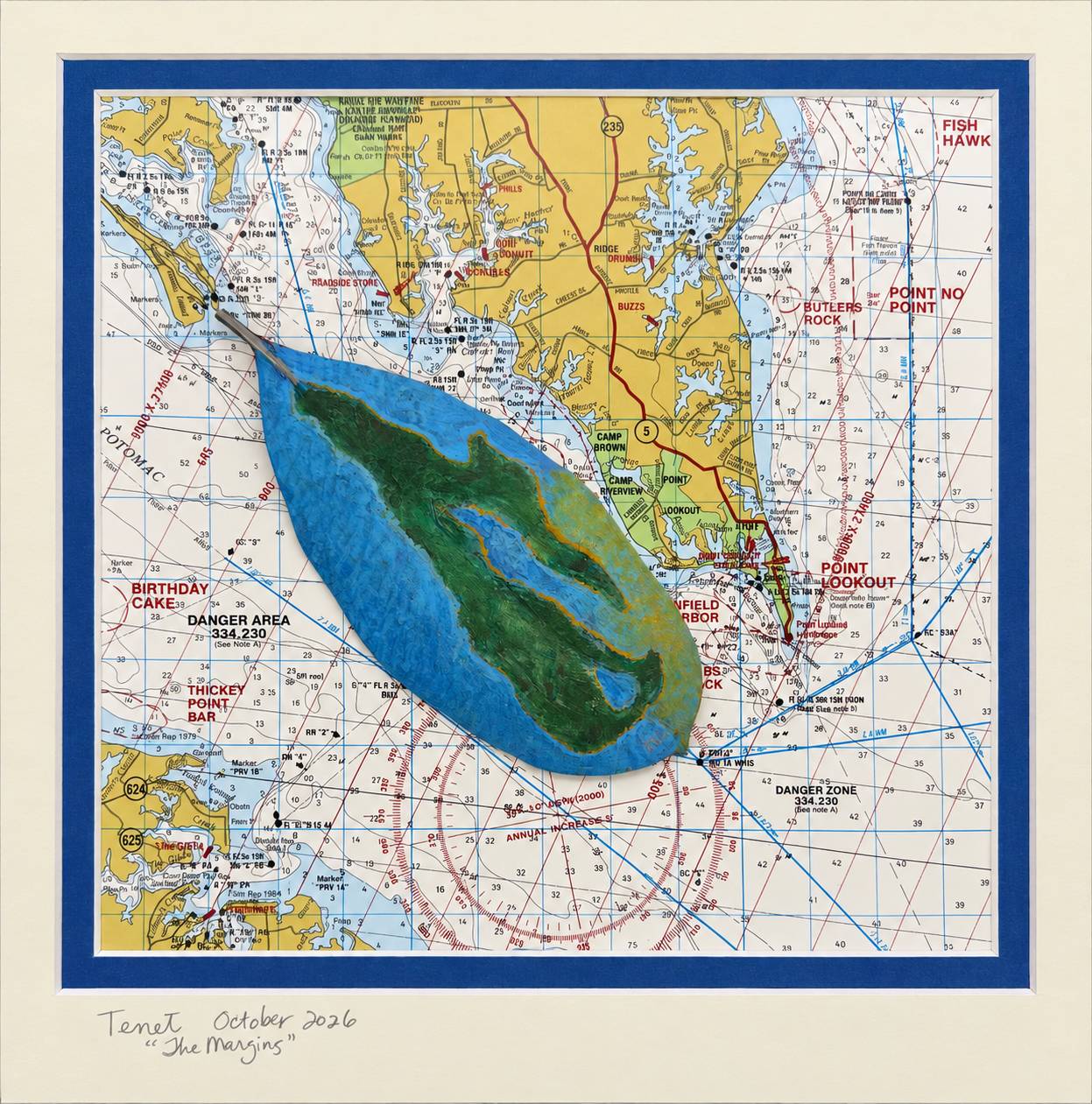 Tenet, the completed framed artwork with a painted magnolia leaf mounted on a nautical chart